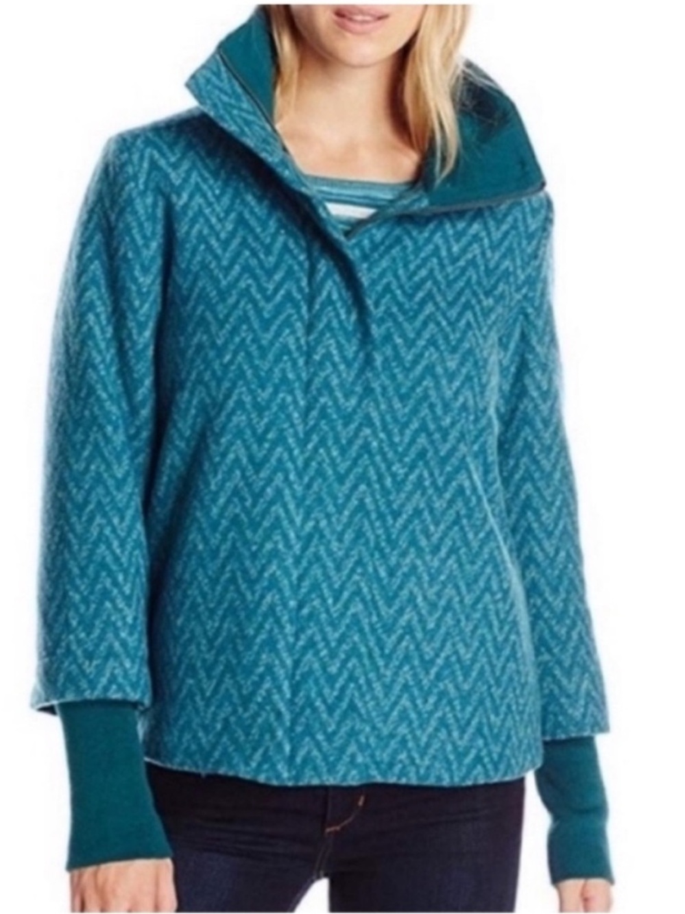 Prana Lily Wool Deep Teal Chevron wool blend coat extra small XS